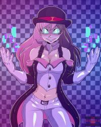 Rule 34 | 1girl, absurdres, arms up, aura, bare shoulders, belt, black hat, blue eyes, breasts, brown hair, checkered background, cleavage, cm artist, commentary, corruption, curious cat (rwby), dark persona, english text, evil smile, gloves, glowing, glowing eyes, hat, highres, looking at viewer, medium breasts, midriff, navel, neckerchief, neo politan, pants, possessed, possession, rwby, signature, slit pupils, smile, solo, strap, watermark, white gloves