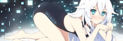 Rule 34 | 10s, 1girl, all fours, bare shoulders, barefoot, black heart (neptunia), blue eyes, blush, breasts, cleavage, female focus, from side, long hair, looking at viewer, mashiroheart, neptune (series), noire (neptunia), one-piece swimsuit, solo, swimsuit, symbol-shaped pupils, very long hair, white hair
