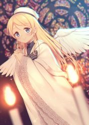 Rule 34 | 10s, 1girl, ayase eli, beret, blonde hair, blue eyes, blurry, bow, candle, church, closed mouth, feathered wings, fire, hair down, hat, indoors, lace-trimmed sleeves, lace trim, long hair, looking at viewer, love live!, love live! school idol festival, love live! school idol project, nagareboshi, own hands clasped, own hands together, smile, solo, stained glass, straight hair, striped, striped bow, very long hair, white hat, white wings, wide sleeves, wings