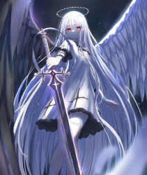 Rule 34 | 1girl, absurdly long hair, absurdres, albino, angel, angel wings, bandaged leg, bandaged neck, bandages, bare shoulders, closed mouth, commentary, double halo, dress, feathered wings, feathers, halo, highres, holding, holding sword, holding weapon, long hair, looking at viewer, looking down, original, outstretched arm, red eyes, shaded face, solo, space, sword, tokano 56, very long hair, weapon, white dress, white hair, white wings, wings