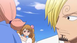 Rule 34 | 1boy, 2girls, animated, animated gif, blush, brown eyes, brown hair, charlotte chiffon, charlotte pudding, dress, hetero, long hair, looking back, multiple girls, one piece, sanji (one piece), siblings, sisters, sky, twintails, wedding dress