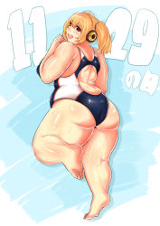 Rule 34 | 1girl, ass, back, bare shoulders, barefoot, blonde hair, blush, breasts, brown eyes, competition swimsuit, covered erect nipples, fat, full body, headphones, huge ass, large breasts, long hair, looking back, lying, nitroplus, on stomach, one-piece swimsuit, open mouth, peeeeee3, plump, puffy nipples, shiny skin, solo, super pochaco, swimsuit, twintails, wide hips