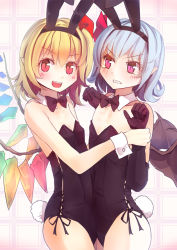 Rule 34 | 2girls, alternate costume, animal ears, bare shoulders, bat wings, black gloves, blonde hair, blush, bow, bowtie, breasts, rabbit ears, rabbit tail, cleavage, culter, detached collar, elbow gloves, fake animal ears, fang, flandre scarlet, flat chest, gloves, highres, looking at viewer, multiple girls, playboy bunny, pointy ears, red eyes, remilia scarlet, short hair, slit pupils, small breasts, smile, tail, tears, touhou, wings, wrist cuffs