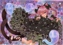 Rule 34 | 1girl, animal ears, ankle lace-up, black dress, braid, cat ears, cat tail, cross-laced footwear, dated, dress, floating skull, frilled dress, frills, juliet sleeves, kaenbyou rin, long hair, long sleeves, looking at viewer, mosho, multiple tails, nekomata, one eye closed, open mouth, paw pose, pink eyes, pink hair, puffy sleeves, signature, smile, solo, tail, touhou, traditional media, twin braids, two tails