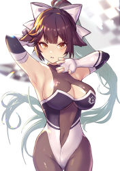 Rule 34 | 1girl, ahoge, armpits, arms up, azur lane, bare shoulders, blurry, bodysuit, bow, breasts, brown eyes, brown hair, checkered flag, cleavage, cleavage cutout, clothing cutout, covered navel, cowboy shot, depth of field, elbow gloves, fingerless gloves, flag, floating hair, gloves, groin, hair bow, hair flaps, large breasts, leotard, long hair, looking at viewer, parted lips, ponytail, race queen, solo, standing, takao (azur lane), takao (full throttle charmer) (azur lane), very long hair, yoruhachi