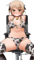 Rule 34 | 1girl, absurdres, animal ears, animal print, baaad sima, bell, bikini, blonde hair, blush, bodypaint, breasts, breasts apart, chair, closed mouth, collar, cow ears, cow horns, cow print, cow print bikini, cow print thighhighs, cow tail, fake horns, fake tail, highres, horns, ichii yui, large breasts, navel, neck bell, nipples, nude, on chair, painted clothes, print bikini, print thighhighs, simple background, sitting, solo, spread legs, sweat, swimsuit, tail, thighhighs, twintails, white background, yellow eyes, yuyushiki