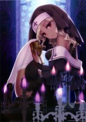 Rule 34 | 1girl, absurdres, an2a, bare shoulders, blonde hair, blood, candelabra, candle, candlestand, chalice, cross, cup, dark-skinned female, dark skin, habit, high heels, highres, huge filesize, looking at viewer, nun, original, parted lips, red eyes, scan, shoes, sitting, skull, solo, thighhighs, white thighhighs