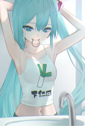 Rule 34 | 1girl, absurdres, aqua eyes, aqua hair, arms up, bananafish1111, blurry, blurry foreground, camisole, clothes writing, commentary, faucet, hair ornament, hair tie, hair tie in mouth, hatsune miku, highres, long hair, midriff, mouth hold, navel, sink, solo, spring onion print, tying hair, upper body, very long hair, vocaloid, white camisole