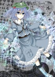 Rule 34 | 1girl, blue eyes, blue hair, blue shirt, blue skirt, collar, female focus, frilled collar, frilled shirt collar, frilled skirt, frills, hair bobbles, hair ornament, hat, highres, juliet sleeves, kawashiro nitori, key, long sleeves, looking at viewer, matching hair/eyes, moko-rinn, parted lips, pocket, puffy sleeves, shirt, skirt, skirt set, solo, touhou, twintails, two side up
