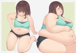 Rule 34 | 1girl, absurdres, arm support, belly grab, bifizu&#039;s gold, blush, breasts, brown eyes, brown hair, character request, cleavage, closed eyes, closed mouth, copyright request, dot nose, fat, full body, green background, grey shorts, hair between eyes, hair over shoulder, highres, large breasts, long hair, looking down, medium breasts, multiple views, navel, obese, open mouth, plump, shorts, simple background, sitting, sweat, thick arms, thick thighs, thighs, wariza, weight conscious, white background, yellow eyes