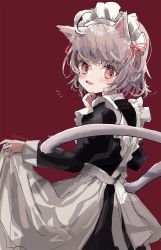 Rule 34 | 1girl, :d, ahoge, animal ears, apron, artist name, black dress, brown eyes, cat ears, cat girl, cat tail, dress, fang, from behind, grey hair, hand up, highres, juliet sleeves, long sleeves, looking at viewer, looking back, maid, maid apron, maid headdress, notice lines, open mouth, original, puffy sleeves, red background, red ribbon, ribbon, sha2mo, signature, simple background, smile, solo, tail