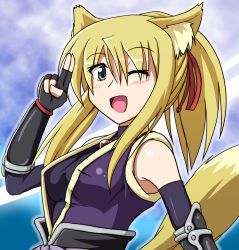 Rule 34 | 10s, 1girl, animal ears, bare shoulders, blonde hair, blue eyes, breasts, dog days, female focus, fingerless gloves, fox ears, fox tail, gloves, gradient background, highres, one eye closed, ponytail, solo, tail, wink, yukikaze panettone