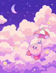 Rule 34 | :d, arm up, blush, blush stickers, cloud, cloudy sky, commentary request, crescent moon, floating, harukui, highres, holding, holding umbrella, kirby, kirby (series), moon, night, night sky, nintendo, no humans, open mouth, outdoors, parasol, parasol kirby, purple eyes, sky, smile, solo, star (sky), star (symbol), umbrella