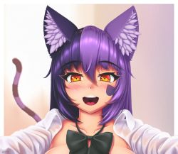 Rule 34 | 1girl, :d, animal ear fluff, animal ears, artist name, black bow, black bowtie, blush, bow, bowtie, cat ears, cat girl, cat tail, cheshire cat (monster girl encyclopedia), collarbone, commentary, eyes visible through hair, facial mark, hair between eyes, happy, highres, long hair, long sleeves, looking at viewer, monster girl encyclopedia, multicolored hair, nose blush, open clothes, open mouth, open shirt, orange eyes, portrait, purple hair, shirt, simple background, smile, solo, striped tail, symbol-only commentary, tail, teeth, two-tone hair, upper teeth only, white shirt, wing collar, wlper