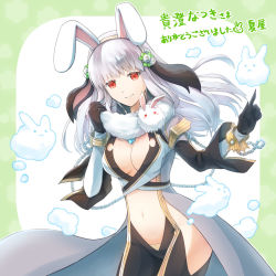 Rule 34 | 1girl, :3, animal ears, black gloves, black pants, breasts, chain, cleavage, closed mouth, coat, commentary request, commission, cowboy shot, fake animal ears, gloves, grey coat, halterneck, highres, large breasts, long hair, long sleeves, looking at viewer, lunatic (ragnarok online), natsuya (kuttuki), pants, rabbit, rabbit ears, ragnarok online, red eyes, side slit, skeb commission, smile, suspenders, translation request, warlock (ragnarok online), white hair