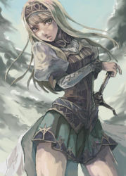 Rule 34 | 1girl, alicia, alicia (valkyrie profile 2), alicia (vp), armor, blonde hair, blue eyes, hairband, headband, long hair, lowres, overskirt, puffy sleeves, skirt, solo, standing, sword, thighhighs, valkyrie profile (series), valkyrie profile 2: silmeria, weapon, zettai ryouiki