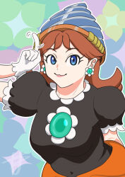 Rule 34 | 1girl, black dress, blue eyes, breasts, brown hair, dress, drill, drill daisy, earrings, flower earrings, gloves, grin, hand up, highres, jewelry, looking at viewer, mario (series), nintendo, power-up, princess daisy, puffy short sleeves, puffy sleeves, short sleeves, smile, solo focus, super mario bros. wonder, tomboy, upper body