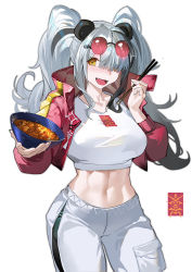 Rule 34 | 1girl, :d, absurdres, animal ears, arknights, bijian de linghun, black hair, bowl, breasts, chopsticks, commentary request, cowboy shot, crop top, cropped jacket, fangs, feater (arknights), feater (gourmet) (arknights), hair over one eye, hands up, highres, holding, holding bowl, holding chopsticks, jacket, large breasts, long hair, looking at viewer, midriff, multicolored hair, navel, official alternate costume, open clothes, open jacket, open mouth, panda ears, pants, red jacket, shirt, silver hair, simple background, smile, solo, standing, stomach, streaked hair, t-shirt, thighs, twintails, white background, white pants, white shirt, yellow eyes