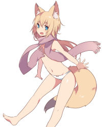Rule 34 | 1girl, animal ears, bad id, bad pixiv id, blonde hair, blue eyes, bow, bow panties, convenient censoring, flat chest, fox ears, fox tail, looking at viewer, mizuki (koko lost), navel, open mouth, original, panties, scarf, simple background, solo, tail, underwear
