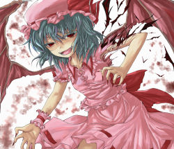 Rule 34 | 1girl, bat wings, deep wound, fangs, female focus, hat, highres, hyton (pixiv68383), injury, light purple hair, red eyes, remilia scarlet, shimo (depthbomb), short hair, solo, touhou, wings