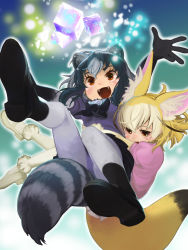 Rule 34 | 10s, 2girls, :d, absurdres, animal ear fluff, animal ears, black footwear, black gloves, black hair, black neckwear, black skirt, blonde hair, blouse, blue shirt, blush, bow, bowtie, brown eyes, commentary request, common raccoon (kemono friends), cube, elbow gloves, eyebrows, eyelashes, fangs, fennec (kemono friends), fox ears, fox tail, fur trim, gloves, highres, hug, kemono friends, mary janes, medium hair, midair, multicolored hair, multiple girls, okojo ojoko, open mouth, outline, outstretched arms, pink sweater, pleated skirt, puffy sleeves, raccoon ears, raccoon tail, red eyes, sandstar, shirt, shoes, skirt, smile, sweater, tail, two-tone hair, white footwear, white hair, white legwear