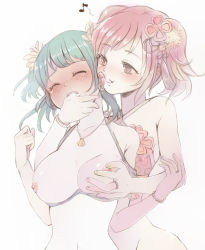 Rule 34 | 2girls, blue hair, blush, grabbing another&#039;s breast, breasts, breasts out, ear licking, female focus, finger in another&#039;s mouth, fumino sayuki, grabbing, kanechitomoyo, large breasts, licking, magia record: mahou shoujo madoka magica gaiden, mahou shoujo madoka magica, minami rena, multiple girls, nipples, red hair, swimsuit, white background, yuri