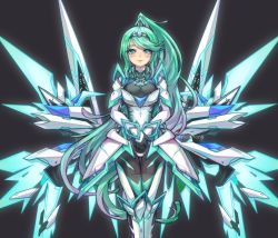 Rule 34 | 1girl, armor, artist request, black background, blush, breasts, gem, glowing, green eyes, green hair, hair ornament, headpiece, jewelry, large breasts, lips, long hair, looking at viewer, matching hair/eyes, mechanical wings, nintendo, pneuma (xenoblade), ponytail, shoulder armor, simple background, solo, spoilers, swept bangs, tiara, very long hair, wings, xelalanana, xenoblade chronicles (series), xenoblade chronicles 2