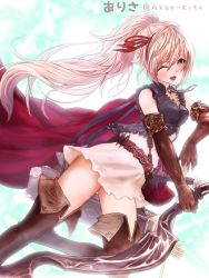 Rule 34 | 1girl, akao kito, arisa (shadowverse), boots, brown hair, capelet, cloak, elbow gloves, elf, gloves, green eyes, highres, pointy ears, ponytail, shadowverse, thigh boots, thighhighs