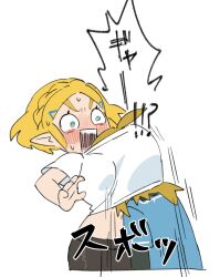 Rule 34 | !?, 1boy, 1girl, accidental pervert, blonde hair, blue shirt, blush, braid, champion&#039;s tunic (zelda), crown braid, face to breasts, green eyes, hair ornament, hairclip, head up shirt, highres, koi (nisikicoi), link, midriff, navel, nintendo, open mouth, pointy ears, princess zelda, shirt, short hair, surprised, the legend of zelda, the legend of zelda: tears of the kingdom, thick eyebrows, translation request, white shirt