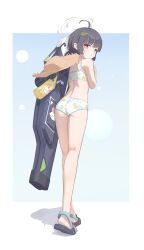 Rule 34 | 1girl, absurdres, aton (user kufr5245), bag, bare arms, bare legs, bare shoulders, bikini, black hair, blue archive, braid, commentary request, crocs, from behind, full body, halo, hat, hat on back, highres, leaf, leaf on head, leaf print, long hair, looking at viewer, looking back, miyu (blue archive), miyu (swimsuit) (blue archive), official alternate costume, print bikini, red eyes, solo, straw hat, swimsuit, twin braids, white bikini