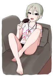 Rule 34 | 1girl, bad id, bad twitter id, barefoot, black panties, chocolate, clothes writing, couch, earrings, eating, feet on chair, food, grey hair, ice cream, idolmaster, idolmaster cinderella girls, jewelry, looking at viewer, necklace, omaru gyuunyuu, on couch, open mouth, panties, popsicle, shiomi syuko, shirt, short hair, sitting, solo, underwear, white shirt
