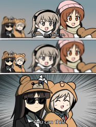 Rule 34 | 4girls, animal hood, bandaid, beanie, bear hat, bear hood, black hair, black ribbon, blunt bangs, blurry, blurry background, blurry foreground, boko (girls und panzer), brown capelet, brown eyes, brown hair, brown headwear, capelet, cloak, closed eyes, closed mouth, comic, depth of field, emphasis lines, english text, engrish text, expressionless, fur-trimmed capelet, fur trim, girls und panzer, girls und panzer saishuushou, grey scarf, hair ribbon, hat, highres, hood, hooded cloak, light brown hair, looking at another, mother and daughter, multiple girls, nishizumi miho, nishizumi shiho, one side up, open mouth, pink headwear, ponita-poniponi, ranguage, ribbon, scarf, scene reference, shimada arisu, shimada chiyo, short hair, smile, stuffed animal, stuffed toy, sunglasses, teddy bear