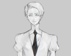 Rule 34 | 1other, androgynous, bad id, bad pixiv id, cairngorm (houseki no kuni), frown, gem uniform (houseki no kuni), grey background, houseki no kuni, looking at viewer, necktie, short hair, solo, upper body, white eyes, white hair