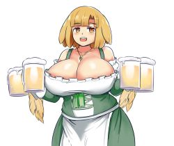 Rule 34 | 1girl, alcohol, alternate costume, alternate hair color, alternate hairstyle, animal ears, apron, bare shoulders, barmaid, beer, blonde hair, blunt bangs, blush, breasts, cleavage, collarbone, cup, dress, drinking glass, feathers, female focus, gem, green dress, highres, holding, holding cup, huge breasts, jewelry, kikimora (monster girl encyclopedia), long sleeves, looking at viewer, monster girl encyclopedia, nav (itsnav), necklace, open mouth, orange eyes, plump, short hair, simple background, smile, solo, standing, upper body, waist apron, waitress, white background, wide hips