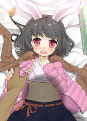 Rule 34 | 1girl, animal ears, assisted exposure, bad id, bad pixiv id, black hair, blush, carrot, child, coat, female focus, grey hair, highres, imminent rape, inaba tewi, jewelry, navel, niji sugi, open clothes, open coat, pendant, pov, rabbit ears, scarf, skindentation, solo focus, sports bra, tears, touhou