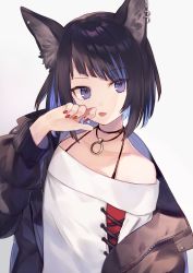 Rule 34 | 1girl, animal ear fluff, animal ears, bare shoulders, black hair, black jacket, blue eyes, blue hair, cat ears, collarbone, commentary request, ear piercing, gradient background, halterneck, hand up, head tilt, jacket, jewelry, long sleeves, looking at viewer, multicolored hair, nail polish, necklace, off-shoulder shirt, off shoulder, open clothes, open jacket, original, piercing, red nails, shirt, short hair, shugao, solo, tongue, tongue out, two-tone hair, upper body, white background, white shirt