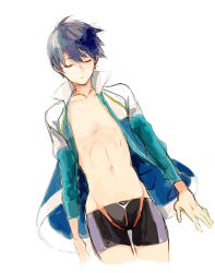 Rule 34 | 1boy, artist request, black jammers, black male swimwear, blue jacket, cowboy shot, high speed!, jacket, jammers, male focus, male swimwear, nanase haruka (free!), navel, open clothes, open jacket, solo, source request, swimsuit, tagme