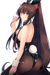 Rule 34 | 1girl, alternate costume, ass, black footwear, black leotard, breasts, brown eyes, brown hair, brown pantyhose, closed mouth, commentary request, fake tail, flower, from behind, hair between eyes, hair flower, hair ornament, hand up, high heels, high ponytail, highres, kantai collection, kasumi (skchkko), large breasts, leotard, long hair, looking at viewer, looking back, pantyhose, playboy bunny, rabbit tail, sitting, smile, solo, tail, wariza, white background, white wrist cuffs, wrist cuffs, yamato (kancolle)