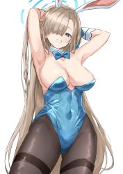 Rule 34 | 1girl, absurdres, animal ears, armpits, arms up, asuna (blue archive), asuna (bunny) (blue archive), bare arms, bare shoulders, black pantyhose, blue archive, blue leotard, bow, bowtie, breasts, cleavage, covered navel, detached collar, fake animal ears, gloves, hair over one eye, hands in hair, highres, kohaku teru, large breasts, leotard, light brown hair, long hair, looking at viewer, mole, mole on breast, official alternate costume, one eye covered, pantyhose, parted lips, playboy bunny, rabbit ears, simple background, single glove, smile, solo, traditional bowtie, white background, white gloves