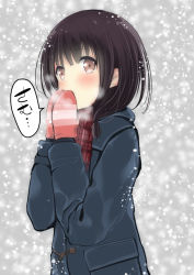 Rule 34 | 1girl, black hair, breath, brown eyes, coat, covering own mouth, dekochin hammer, duffel coat, from side, hands up, long hair, looking to the side, low-tied long hair, mittens, original, own hands together, plaid, plaid scarf, pocket, scarf, snow, snowing, solo, speech bubble, striped, winter