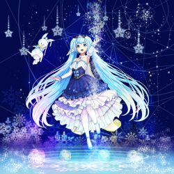 Rule 34 | 1girl, absurdly long hair, aqua boe, aqua eyes, aqua hair, artist name, artist request, bare shoulders, beamed eighth notes, blue bow, blue dress, blue eyes, blue footwear, blue hair, blush, bow, breasts, center frills, choker, cleavage, collarbone, detached sleeves, dress, eighth note, female focus, frilled skirt, frills, full body, hatsune miku, high heels, highres, juliet sleeves, long hair, long sleeves, musical note, pantyhose, print skirt, puffy sleeves, shirt, shoes, skirt, small breasts, smile, snowflake background, snowflake print, solo, standing, standing on one leg, strapless, striped, striped sleeves, tiara, twintails, vertical stripes, very long hair, vocaloid, white choker, white pantyhose, white shirt, white skirt, white sleeves, yuki miku, yuki miku (2019)