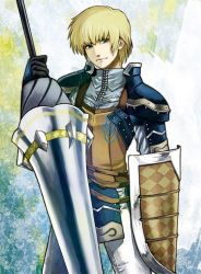 Rule 34 | 1boy, armor, blonde hair, earnest, knight, kuniomi, lance, male focus, polearm, shield, solo, spear, valkyrie profile: covenant of the plume, valkyrie profile (series), weapon