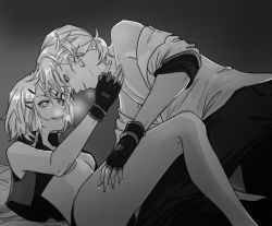 Rule 34 | 1boy, 1girl, :d, bare pectorals, black panties, breasts, brother and sister, dress shirt, grey background, greyscale, hand on another&#039;s leg, hazu kichi0827, highres, incest, jacket, kagamine len, kagamine rin, messy hair, monochrome, open clothes, open jacket, open mouth, open shirt, panties, pectorals, shirt, short hair, short sleeves, siblings, sleeveless, sleeveless jacket, small breasts, smile, sweatdrop, underboob, underwear, vocaloid
