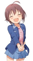 Rule 34 | 1girl, ^ ^, ahoge, arm behind back, blue jacket, blue skirt, blush, brown hair, buchi (y0u0ri ), closed eyes, highres, idolmaster, idolmaster cinderella girls, idolmaster cinderella girls starlight stage, jacket, looking at viewer, open clothes, open jacket, open mouth, pleated skirt, red shirt, shirt, short hair, simple background, skirt, smile, solo, standing, striped clothes, striped shirt, v, wakiyama tamami, white background