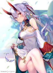 Rule 34 | 1girl, bare shoulders, blush, breasts, china dress, chinese clothes, detached sleeves, dress, fate/grand order, fate (series), hair between eyes, hong (white spider), horns, large breasts, long hair, looking at viewer, mitsudomoe (shape), oni horns, ponytail, red eyes, silver hair, sleeveless, sleeveless dress, solo, thighs, tomoe (symbol), tomoe gozen (fate), white dress, wide sleeves
