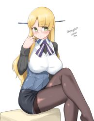 Rule 34 | 1girl, absurdres, black pantyhose, black skirt, blonde hair, blunt bangs, breasts, corset, crossed legs, dated, feet out of frame, glasses, green eyes, headgear, highres, kantai collection, large breasts, long hair, maru (marg0613), military, military uniform, naval uniform, neck ribbon, northampton (kancolle), pantyhose, pencil skirt, purple ribbon, ribbon, semi-rimless eyewear, simple background, sitting, skirt, solo, thighband pantyhose, twitter username, uniform, white background