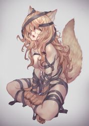 Rule 34 | 1girl, absurdres, animal ear fluff, animal ears, animal hands, bandages, breasts, brown hair, fang, hair over one eye, highres, long hair, looking at viewer, medium breasts, messy hair, nude, open mouth, original, sitting, slit pupils, solo, tail, thighs, very long hair, wolf ears, wolf girl, wolf tail, yasu (segawahiroyasu), yellow eyes