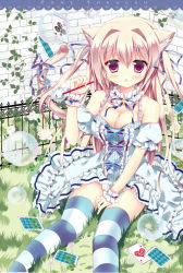 Rule 34 | 1girl, :o, animal ears, azumi kazuki, bare shoulders, blonde hair, blue dress, blush, breasts, blowing bubbles, card, cat ears, cat tail, choker, cleavage, clover, clover (flower), dress, fence, flower, four-leaf clover, grass, hair intakes, hair ribbon, long hair, looking at viewer, medium breasts, open mouth, original, pink eyes, playing card, puffy sleeves, ribbon, ribbon choker, short sleeves, solo, striped clothes, striped thighhighs, tail, thighhighs, very long hair, wall, wrist cuffs, zettai ryouiki