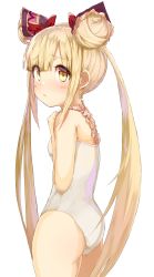 Rule 34 | 1girl, ass, blonde hair, breasts, casual one-piece swimsuit, double bun, embarrassed, frilled swimsuit, frills, from behind, hair bun, hair ornament, highres, long hair, looking at viewer, looking back, luna (shadowverse), one-piece swimsuit, shadowverse, small breasts, solo, swimsuit, twintails, very long hair, white one-piece swimsuit, yamato (muchuu paradigm), yellow eyes