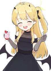 Rule 34 | 1girl, black dress, black gloves, black horns, black wings, blonde hair, blue archive, blush, closed eyes, commentary, demon horns, demon wings, dress, facing viewer, food, gloves, gokineko (roachcat), halo, highres, holding, holding spoon, horns, ibuki (blue archive), ibuki (dress) (blue archive), long hair, official alternate costume, open mouth, pointy ears, side ponytail, smile, solo, spoon, symbol-only commentary, wings, yellow halo